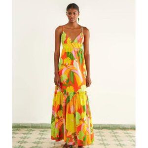 🥭FARM Rio Neon Floral Tiered Cotton Maxi Dress